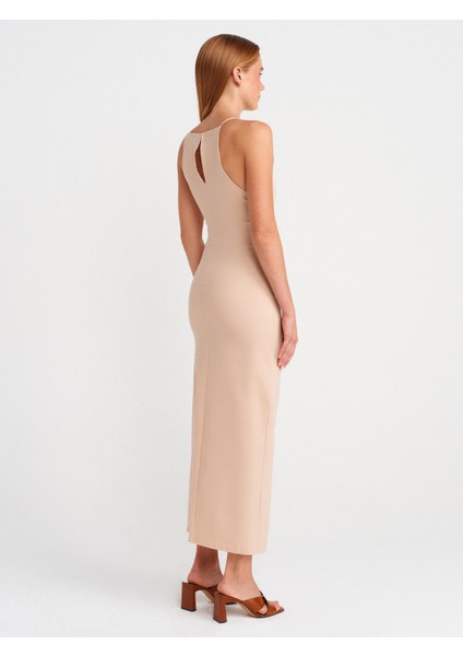 91502 Halter Yaka Midi Elbise-Bej fiyatları