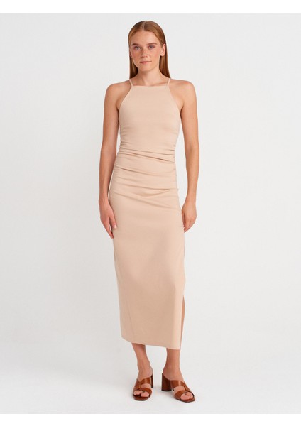 91502 Halter Yaka Midi Elbise-Bej fırsatları