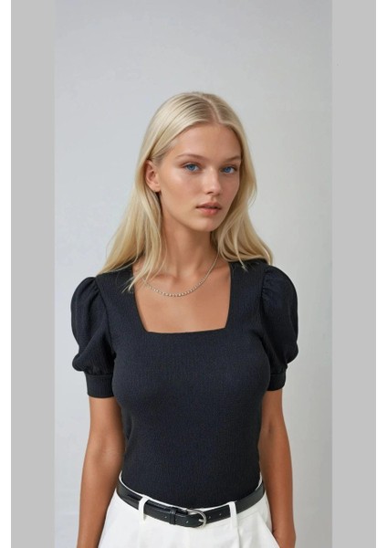 Kadın Siyah Kare Yaka Örme Bluz HZL22W-BD104091 fiyatları