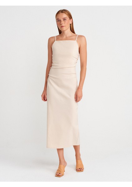 91479 Büzgülü Midi Elbise-Taş