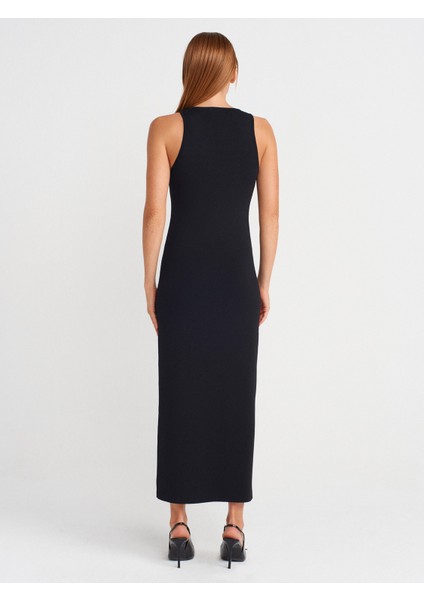 90255 Aksesuar Detaylı Yırtmaçlı Triko Elbise-Siyah fiyatları