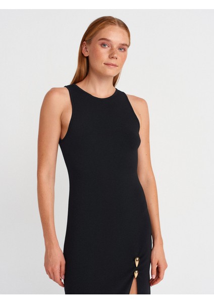 90255 Aksesuar Detaylı Yırtmaçlı Triko Elbise-Siyah fırsatları