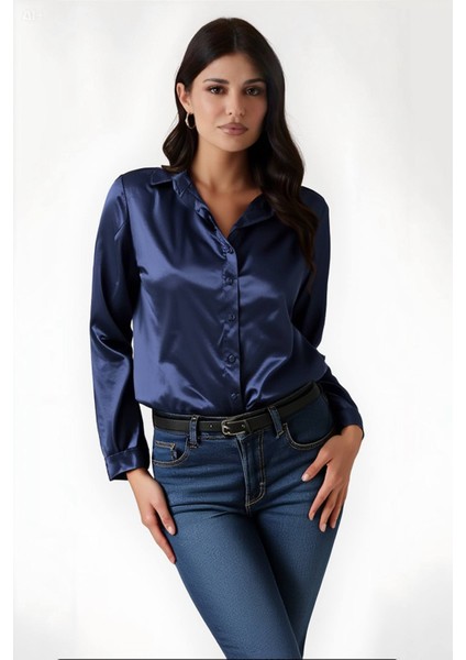 Kadın Lacivert Hafif Dökümlü Saten Yüzeyli Gömlek HZL22W-BD139641