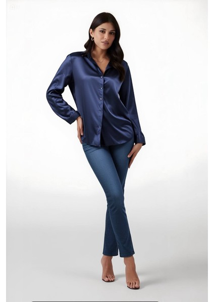 Kadın Lacivert Hafif Dökümlü Saten Yüzeyli Gömlek HZL22W-BD139641 fiyatları
