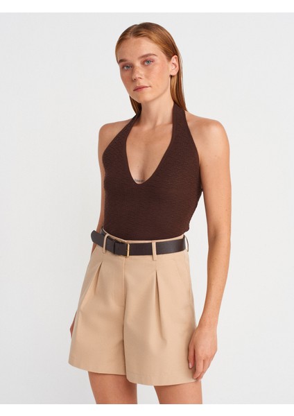 10799 Halter V Yaka Dokulu Triko Bluz-Kahve