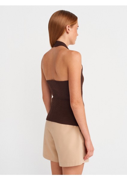 10799 Halter V Yaka Dokulu Triko Bluz-Kahve fiyatları