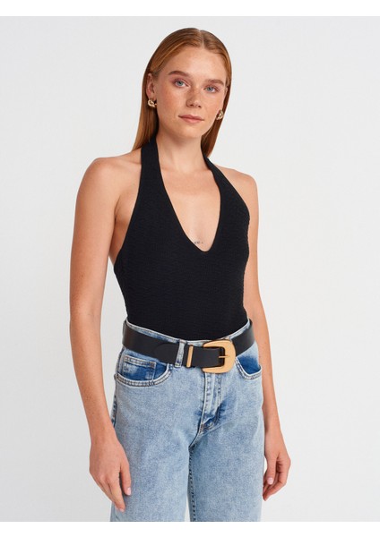 10799 Halter V Yaka Dokulu Triko Bluz-Siyah
