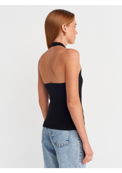 10799 Halter V Yaka Dokulu Triko Bluz-Siyah fiyatları