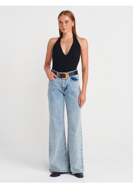 10799 Halter V Yaka Dokulu Triko Bluz-Siyah fırsatları