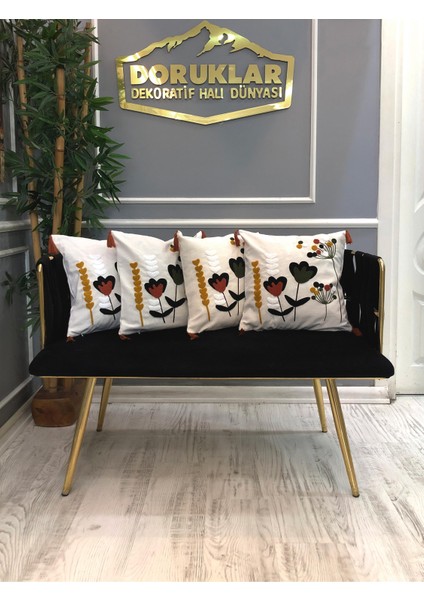 Nakışlı Püsküllü Dekoratif Kırlent Kılıfı Takımı (4 Parça - 43x43 cm) NKK003