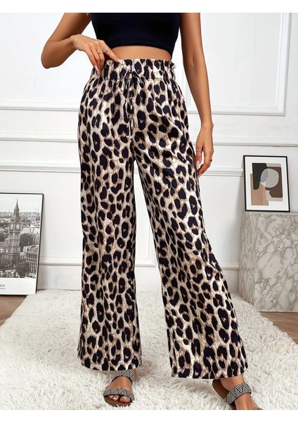 Kadın Yüksek Bel Beli Lastikli Bağcıklı Leopar Desenli Süprem Pantolon