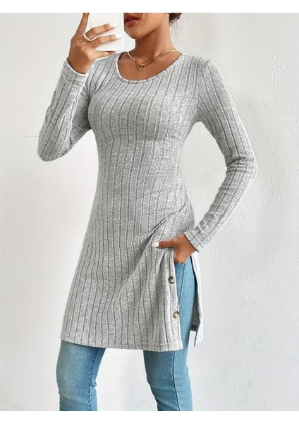 Kadın Uzun Kollu Yuvarlak Yaka Yandan Yırtmaçlı Düğmeli Şardonlu Kaşkorse Bluz fiyatları