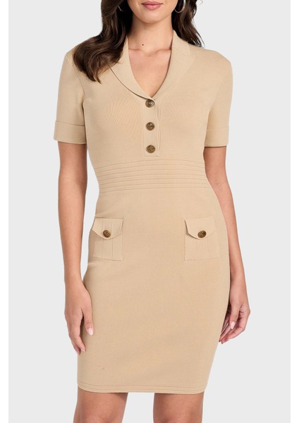 Ss Felicity Slim Fit Mono Yaka Düğme Detaylı Mini Elbise W5YK29Z0130 Bayan Elbise W5YK29 Z0130 G1L7