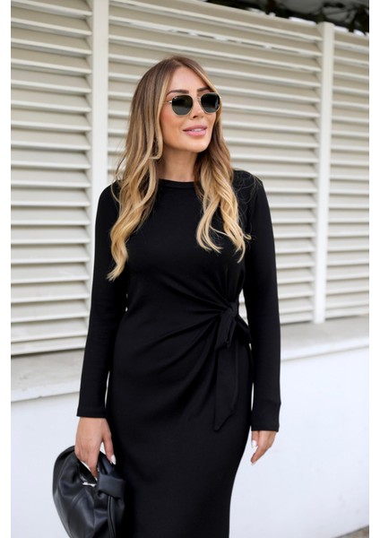 Kadın Uzun Kollu Bisiklet Yaka Belden Çapraz Bağlamalı Yandan Yırtmaçlı Uzun Viskon Iki Iplik Elbise modelleri