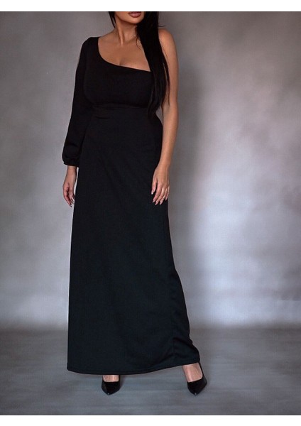 Tek Omuz Açık Derin Yırtmaçlı Krep Tam Boy Elbise