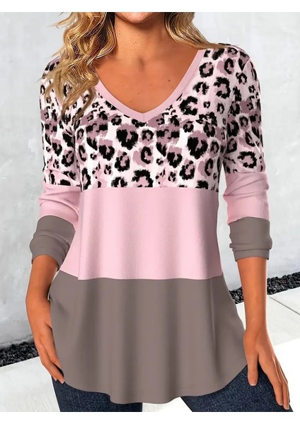 Kadın Uzun Kollu V Yakalı Leopar Baskılı Şardonlu Dalgıç Bluz indirimleri