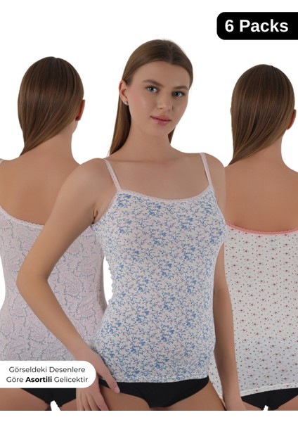 Kadın 6'lı Ip Askılı Desenli Atlet - %95 Pamuk, %5 Likra