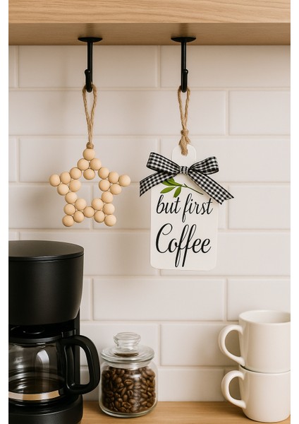 Coffee Kahve Köşesi Mutfak Dolap Süsü & Ahşap Yıldız 2'li Set