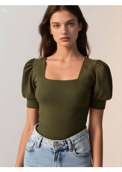 Kadın Haki Kare Yaka Örme Bluz HZL22W-BD104091