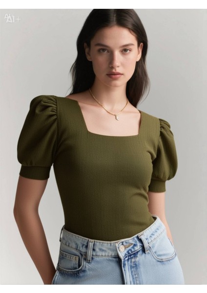 Kadın Haki Kare Yaka Örme Bluz HZL22W-BD104091 fiyatları