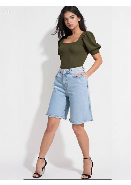 Kadın Haki Kare Yaka Örme Bluz HZL22W-BD104091 modelleri