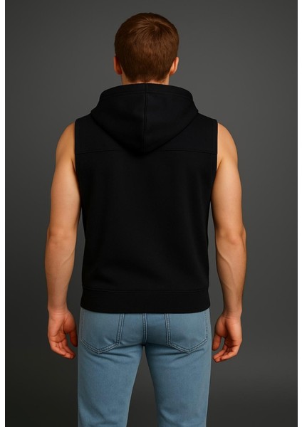 Erkek Siyah Fermuarlı Kapüşonlu Kanguru Cepli Kolsuz Yelek-Y1142 modelleri