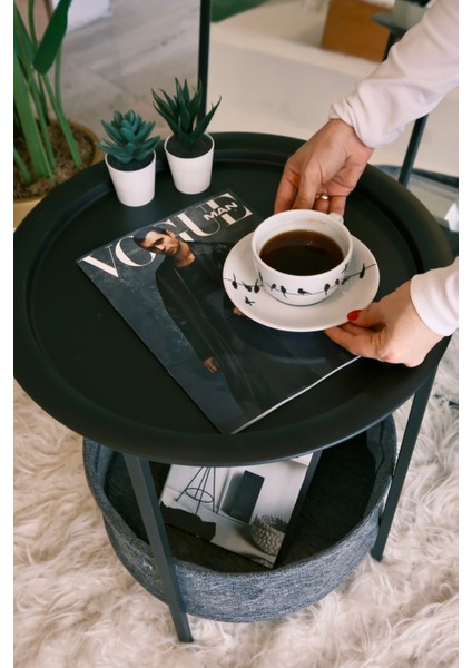 Sepetli Tepsili Sehpa – Çok Amaçlı Metal Saklama Sepetli Yan Sehpa