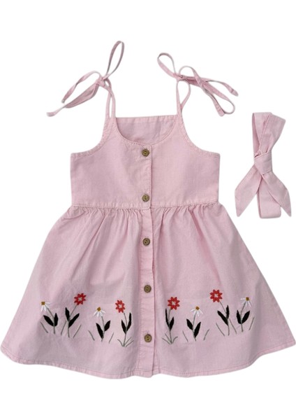 Bandanalı Nakışlı Renkli Elbise Pembe