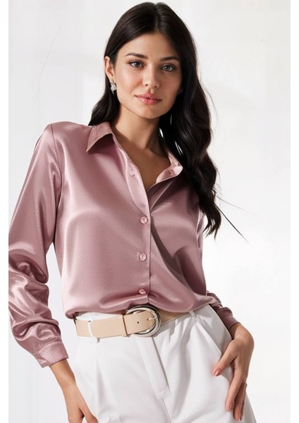 Kadın Gül Kurusu Hafif Dökümlü Saten Yüzeyli Gömlek HZL22W-BD139641