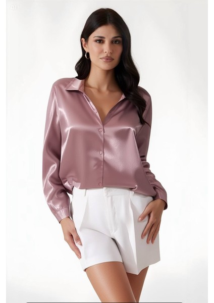Kadın Gül Kurusu Hafif Dökümlü Saten Yüzeyli Gömlek HZL22W-BD139641 modelleri