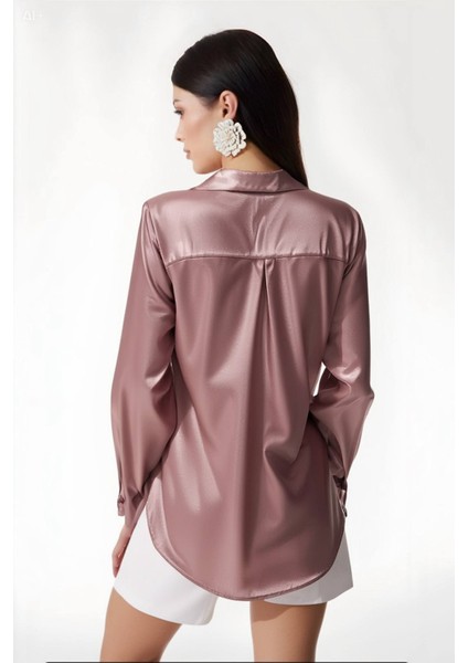 Kadın Gül Kurusu Hafif Dökümlü Saten Yüzeyli Gömlek HZL22W-BD139641