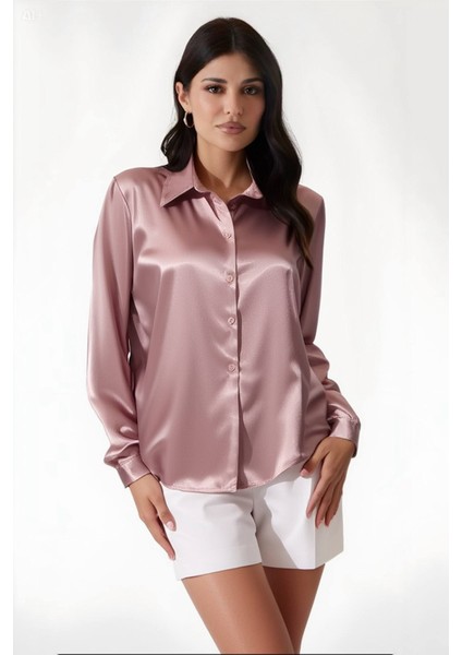 Kadın Gül Kurusu Hafif Dökümlü Saten Yüzeyli Gömlek HZL22W-BD139641 fiyatları