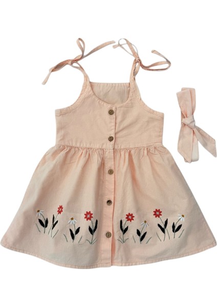 Bandanalı Nakışlı Renkli Elbise Somon