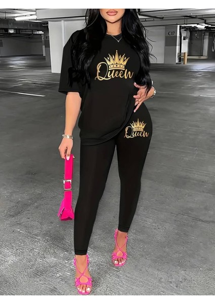 Kadın Kısa Kollu Queen Baskı Viskon Ikili Takım