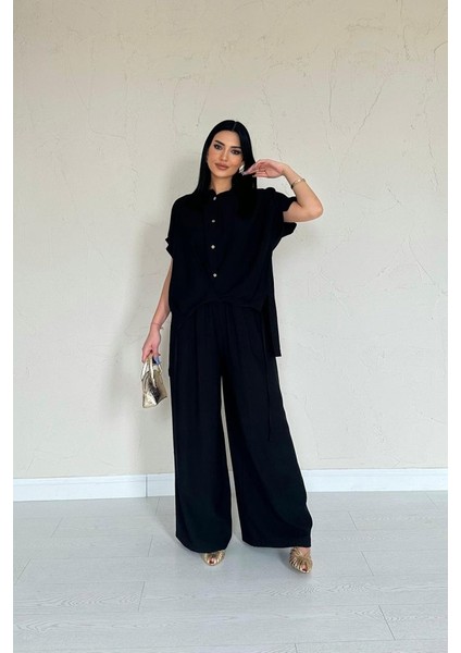 Siyah Önü Pileli Ikili Keten Takım