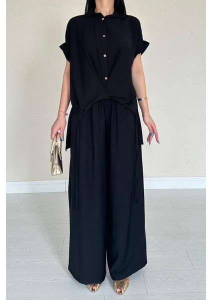 Siyah Önü Pileli Ikili Keten Takım fırsatları