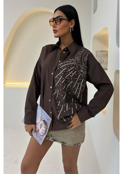 Ay Figürlü Taş Işlemeli Poplin Gömlek 3440