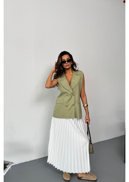 Gold Düğmeli Keten Yelek - Yeşil fırsatları