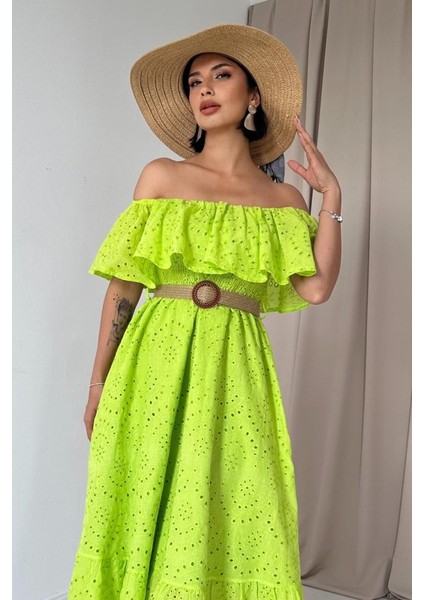 Yağ Yeşili Omzu Lastikli Brode Elbise fiyatları