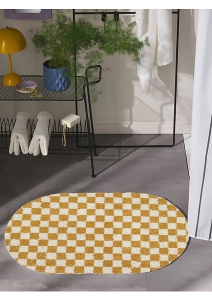 Dama Desenli Kaymaz Taban Yıkanabilir Oval Banyo Paspası Tek Parça 60X100 cm Shaggy Chess