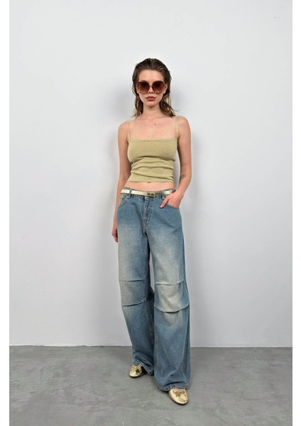 Askı Detay Parlak Triko Bluz