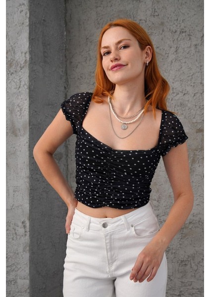 Puantiyeli Belden Oturtmalı Tül Siyah Bluz fiyatları