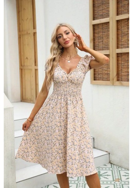 Kadın Kısa Kollu Kruvaze Yaka Lastikli Belden Gipeli Çiçek Desenli Suprem Elbise modelleri