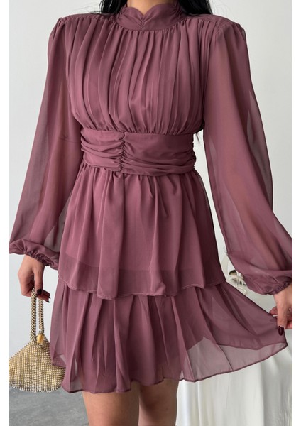 Şifon Katlı Uzun Kol Elbise - Pudra fırsatları