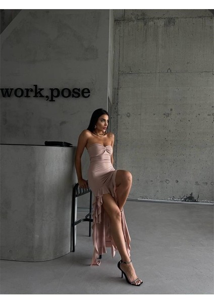 Strablez Sandy Elbise Yanları Katlı - Bej