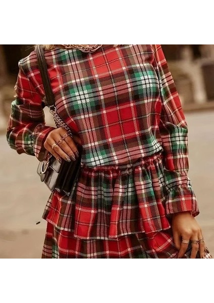 Kadın Ekose Kumaş Dijital Baskılı Uzun Kollu Mini Boy Elbise fiyatları