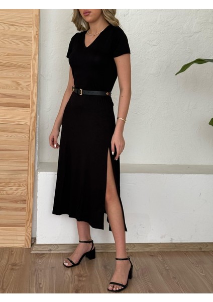 Kadın Kısa Kollu V Yaka Maxi Boy Elbise 124 cm