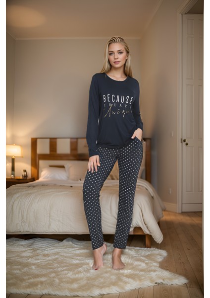 Kadın Viskon Bisiklet Yaka Uzunkol Pijama Takım C840-252