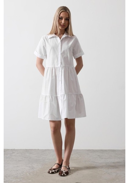 Kısa Kol Düğmeli Elbise - Beyaz indirimleri