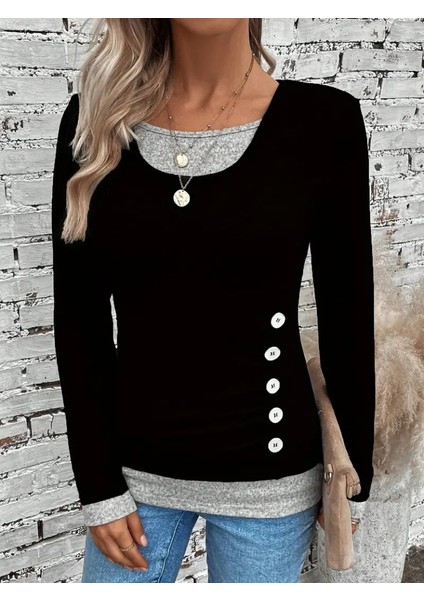 Kadın Uzun Kollu Yuvarlak Yaka Blok Renkli Yandan Düğmeli Viskon Bluz indirimleri